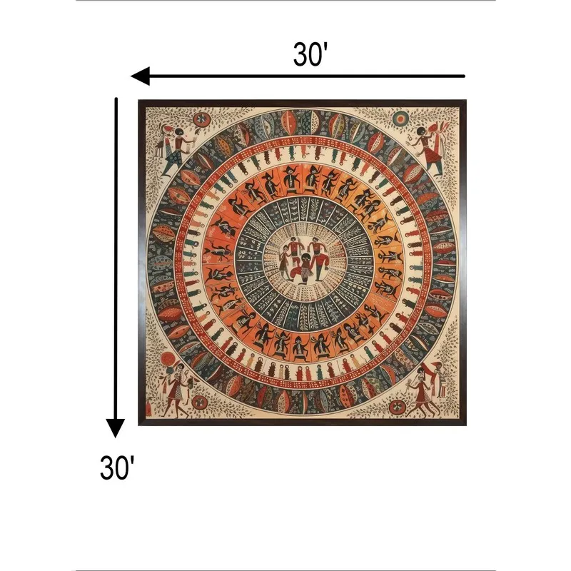 Square tribal mandala framed wall painting with dimension arrows shown