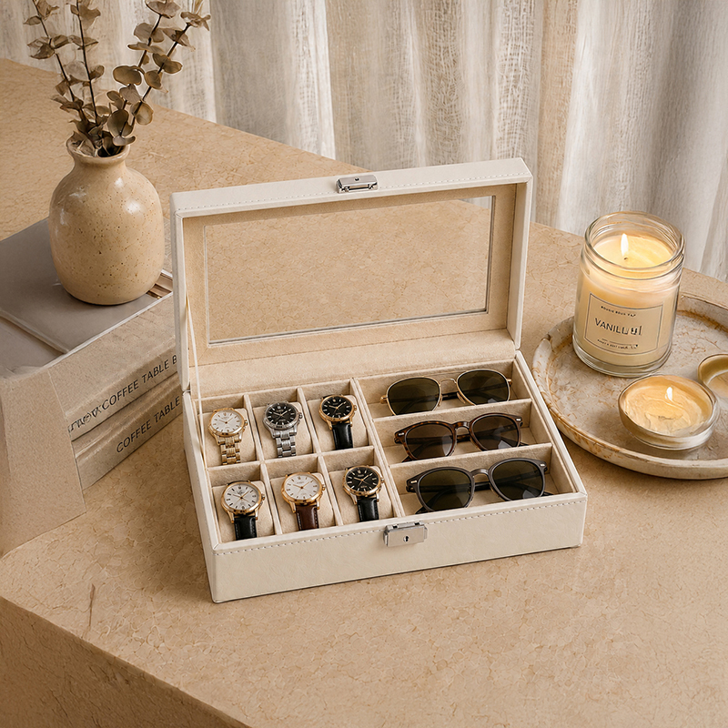 AarviDecor ChronoVault Faux Leather Accessories Organizer - Beige