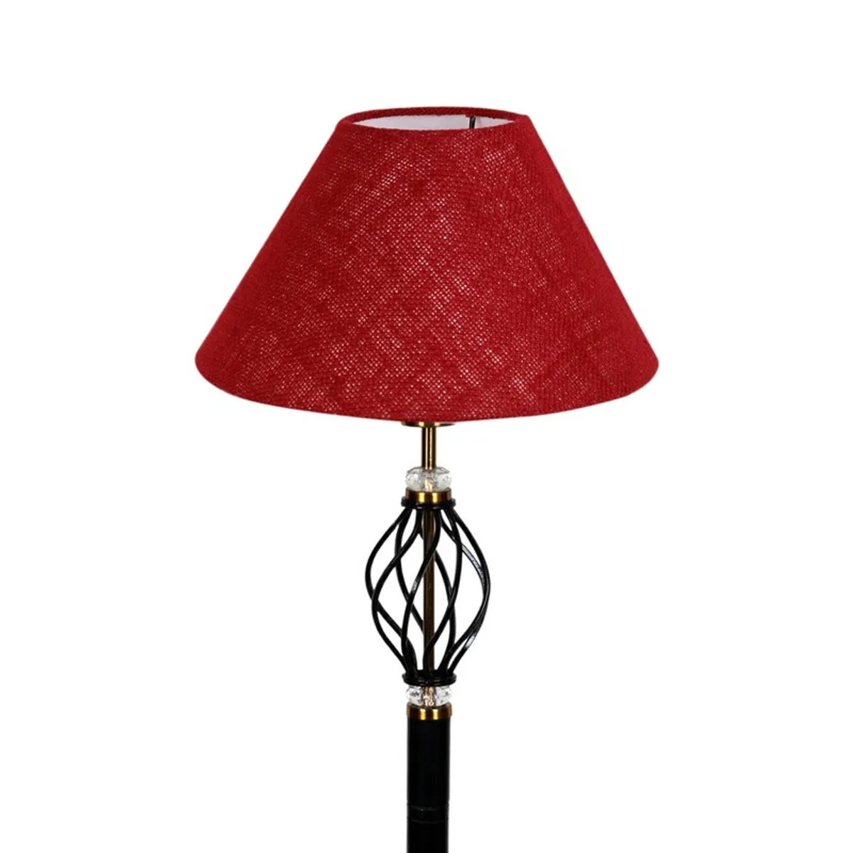 Close-up of the red lamp shade and decorative black centre detail.