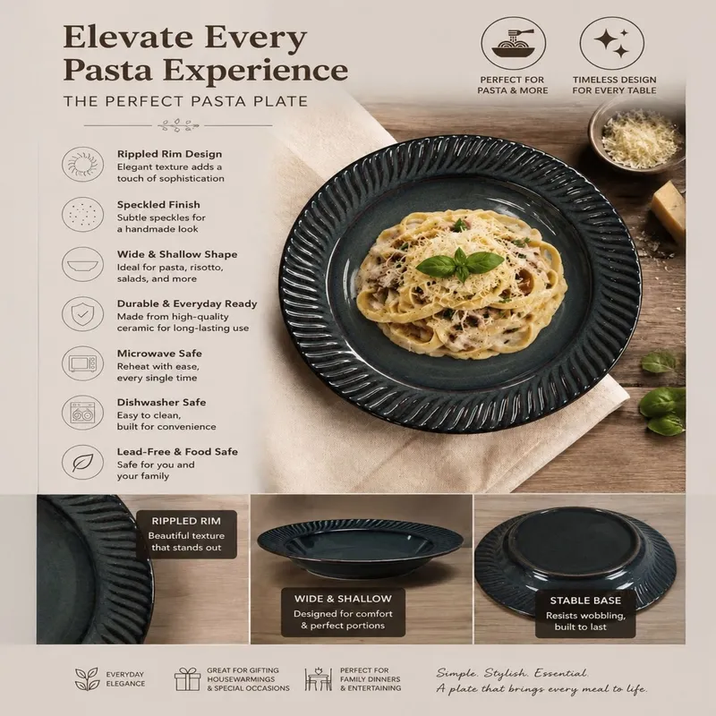 Dark blue ceramic pasta plate showcasing a rippled rim and glossy finish