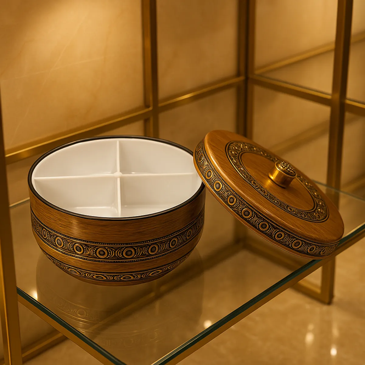 Brown and gold divided storage box with its lid placed beside it