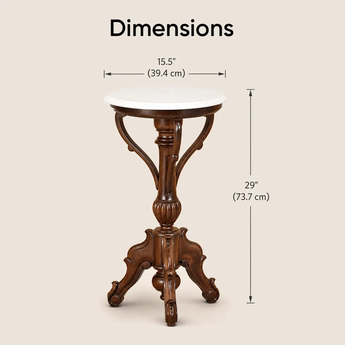 Dimension view of the round side table with height and width markings