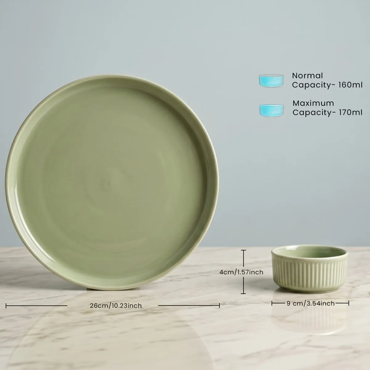 Sage green plate and ribbed bowl shown together on a tabletop