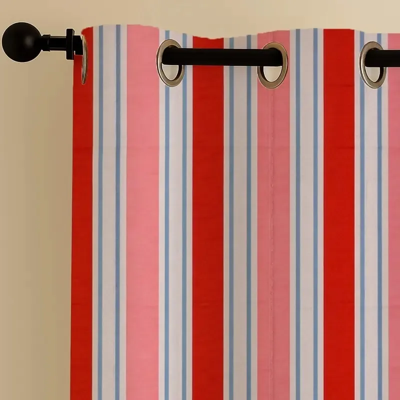 Close-up of red, pink and white striped eyelet curtain top