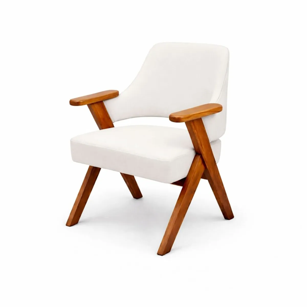 White velvet teak wood accent chair shown against a plain white background