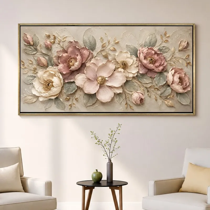 Rectangular floral wall painting with pastel blooms hung above two armchairs