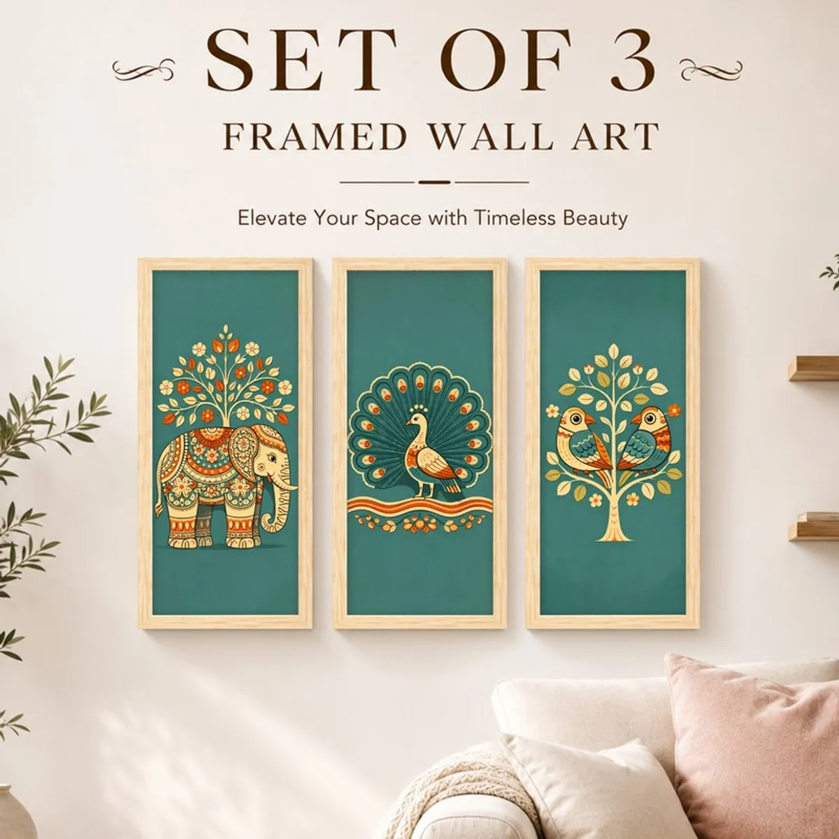 Set of three framed wall art pieces with elephant, peacock and bird designs on teal