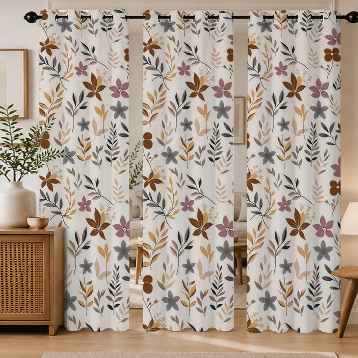 Three floral curtain panels hanging across a bright living room window.