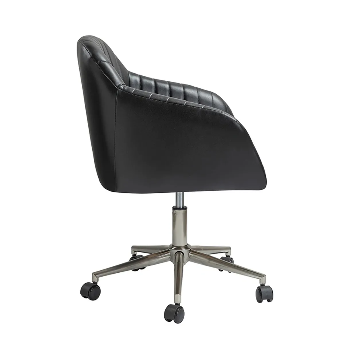 Side view showing the curved black back and metal wheeled base of the office chair.