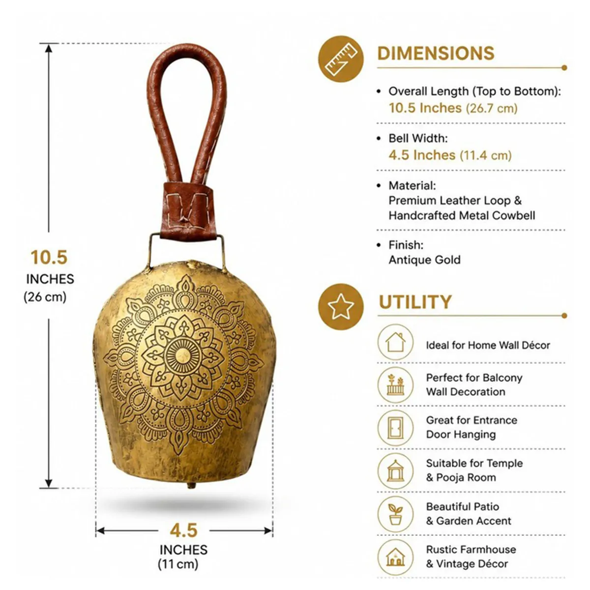 Gold-toned hanging bell with mandala design and leather loop shown with dimensions graphic