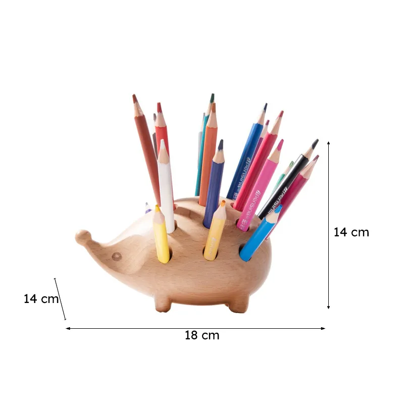 Wooden hedgehog desk organiser shown with 18 x 14 x 14 cm dimensions