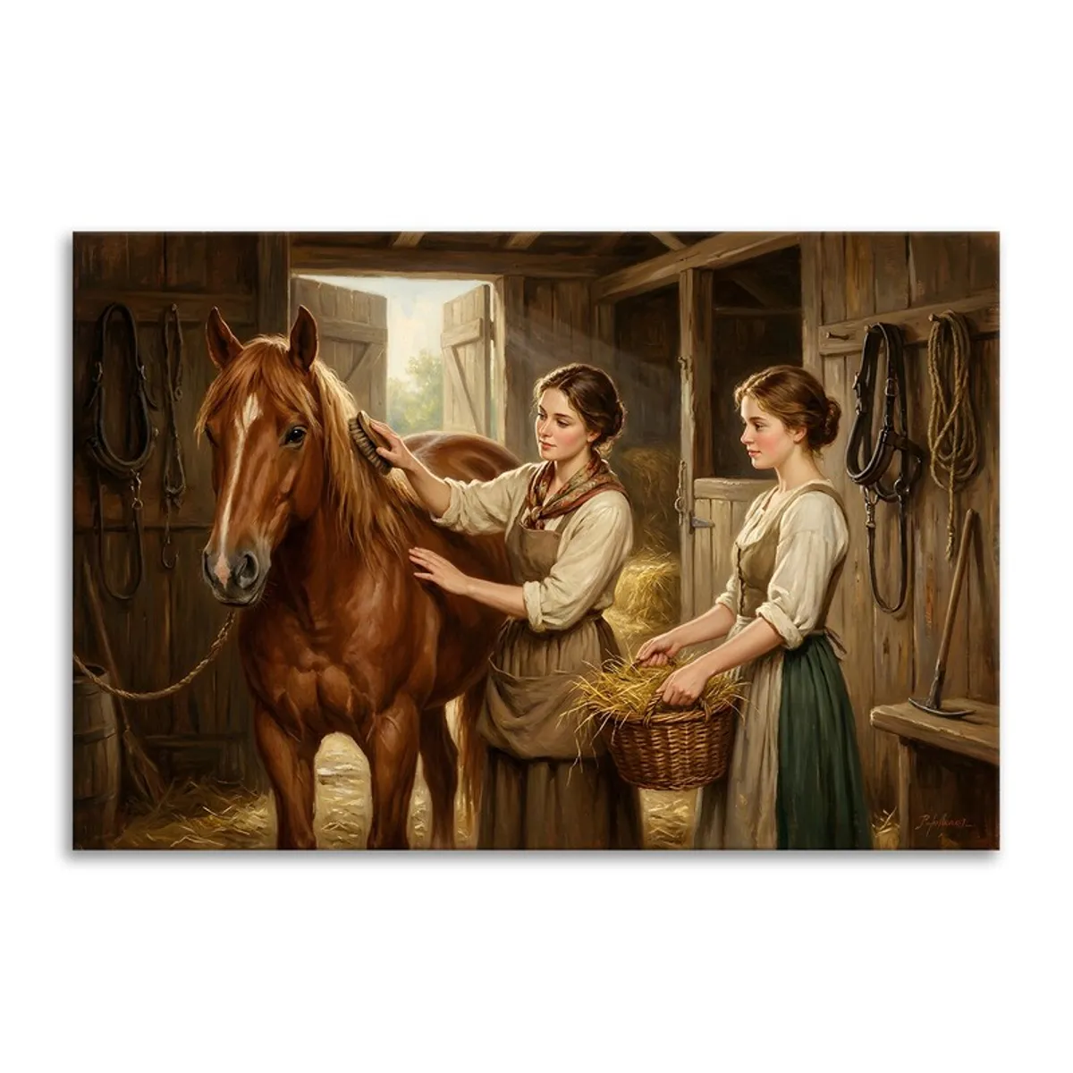 Canvas print featuring a horse and two women in a warm-toned rustic interior