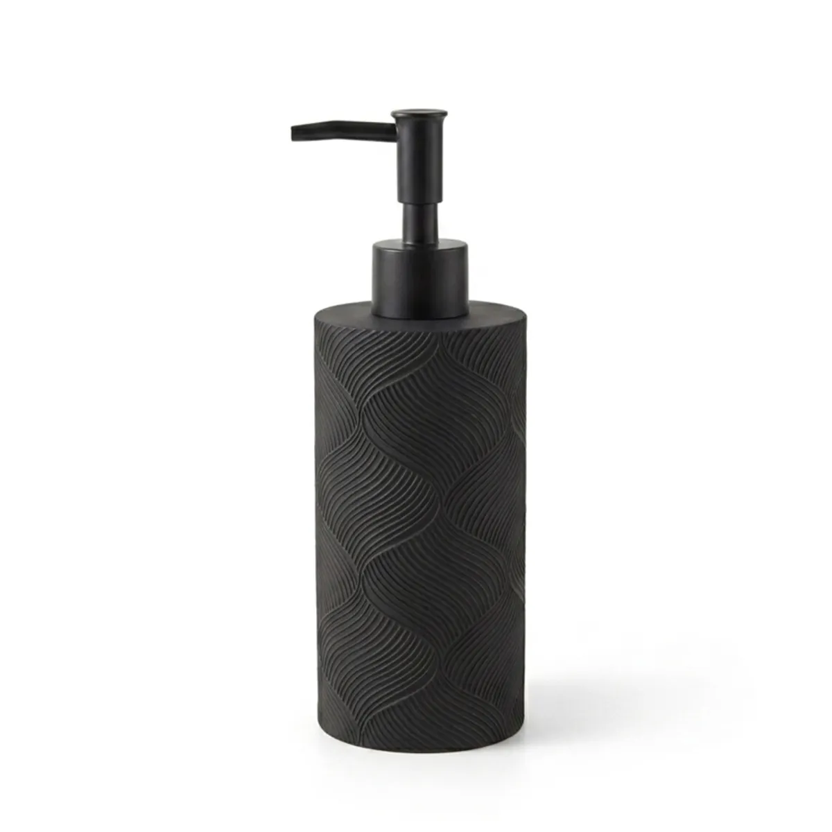 Standalone black cylindrical soap dispenser with a matte finish