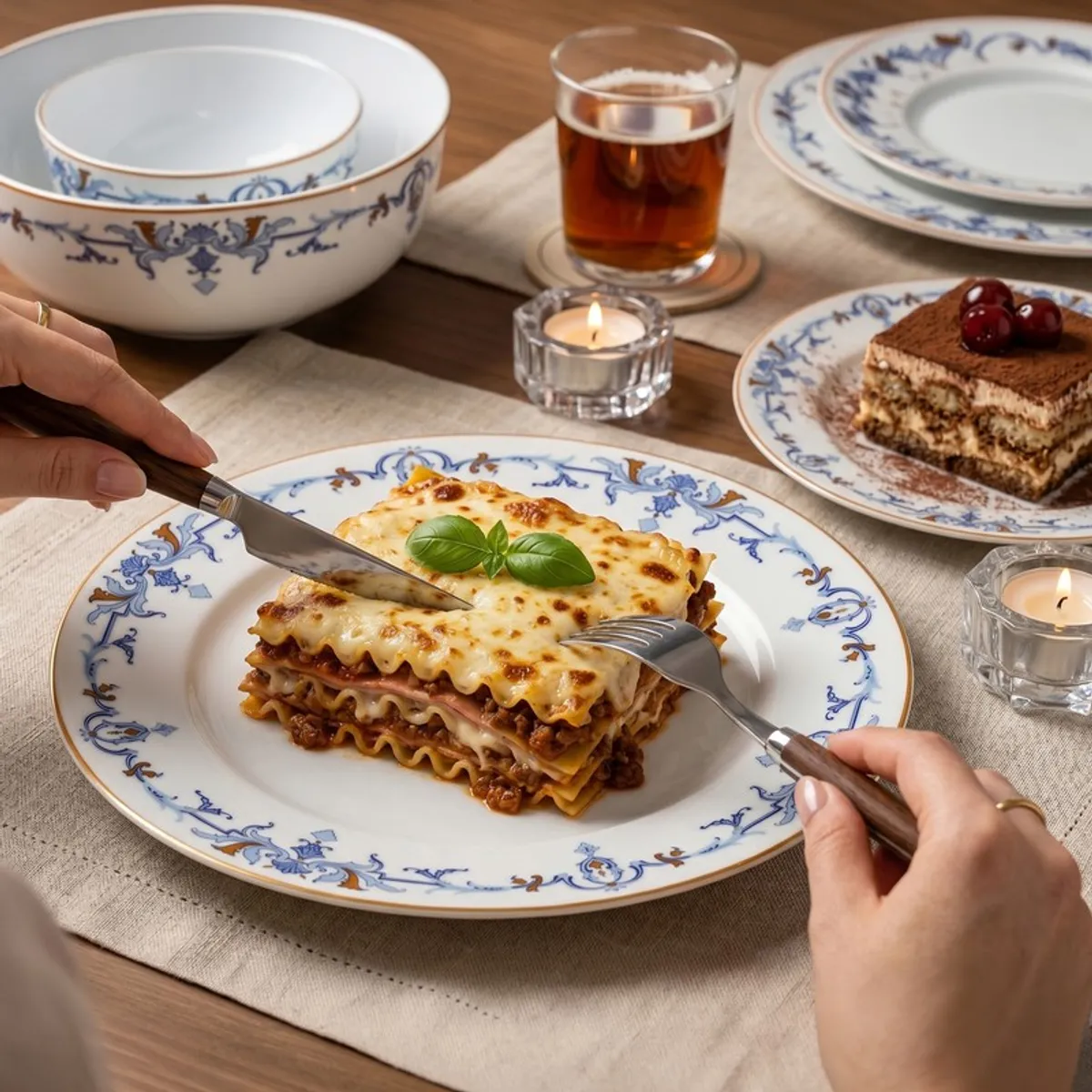 Blue and white dinner plate in use with a meal on a dining table
