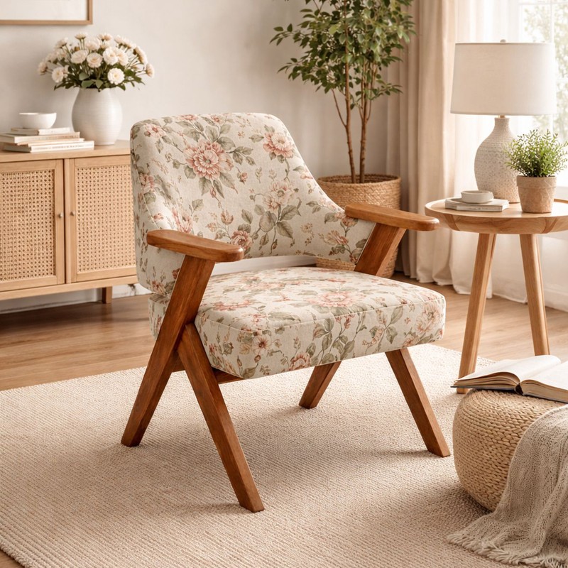 Caldrick Teak Wood & Velvet Accent Chair
