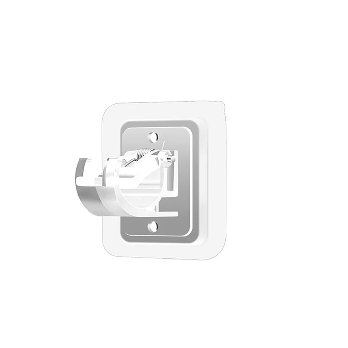 Close-up of a white plastic curtain holder on a plain background