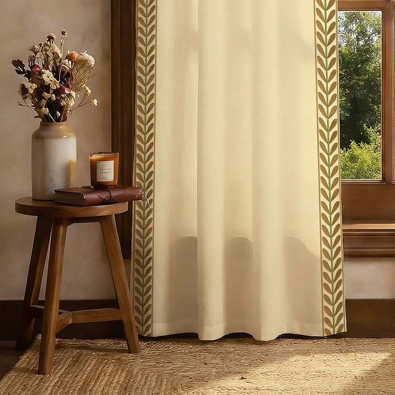 Leaves Lace Edge Cotton Curtain - Beige - Door - 7 Feet
