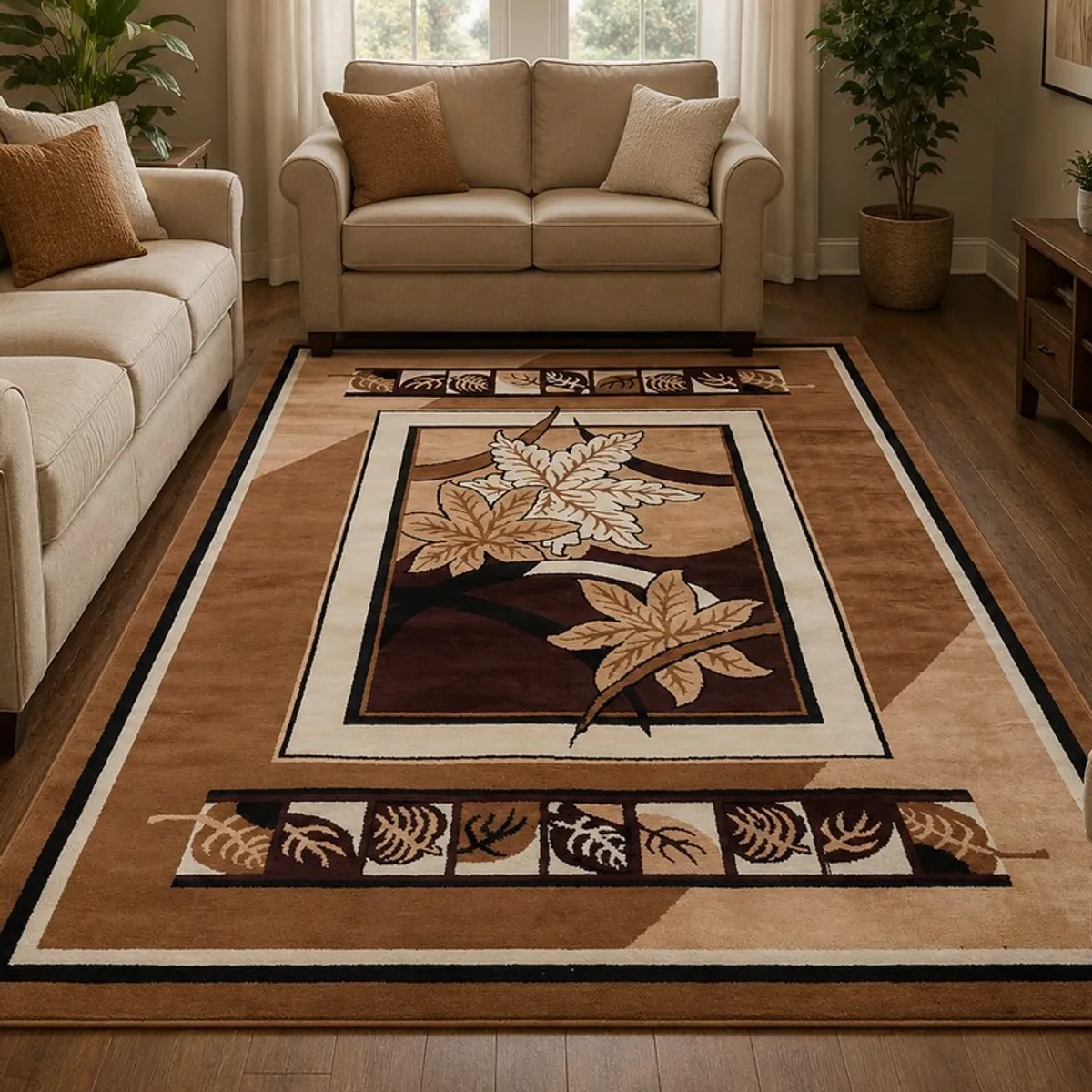 Brown patterned carpet styled in a living room between beige sofas