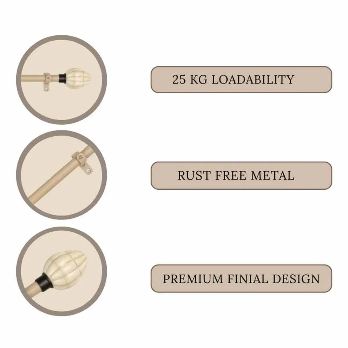 Close-up views of the curtain rod and Tusky Bone finial design