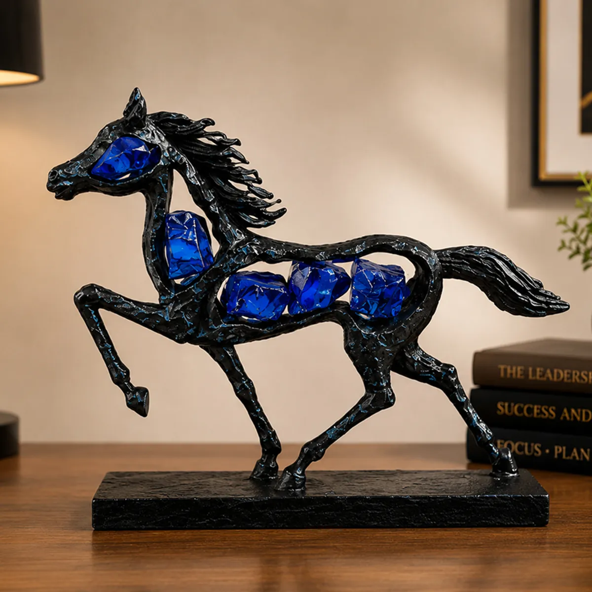 Black galloping horse tabletop showpiece with blue crystal-style accents