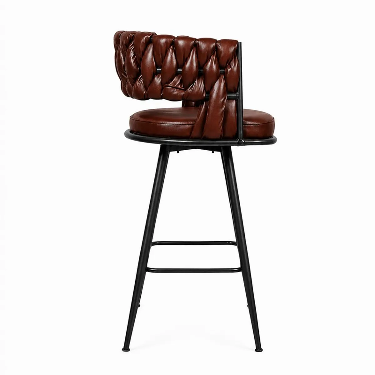 Side view of the brown bar stool highlighting its textured back and footrest.