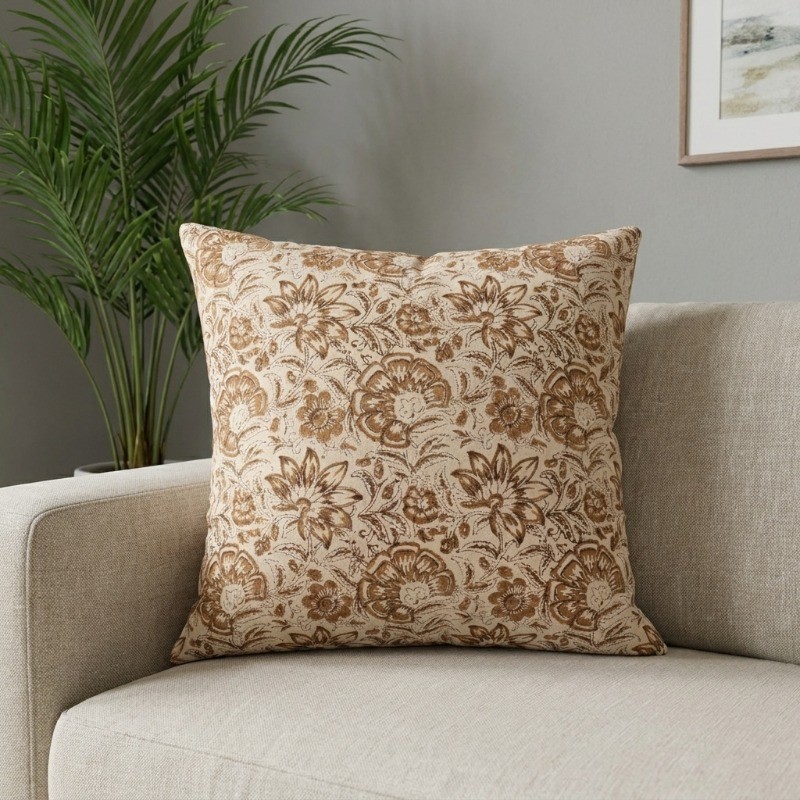 Flora Charm Printed Cotton Cushion Cover - White,Yellow