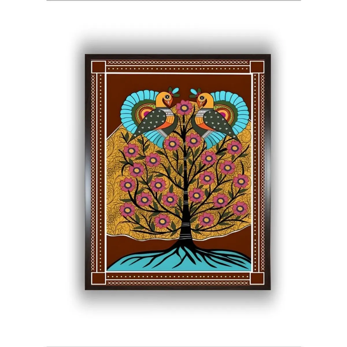 Straight-on view of framed tree and bird folk art canvas painting