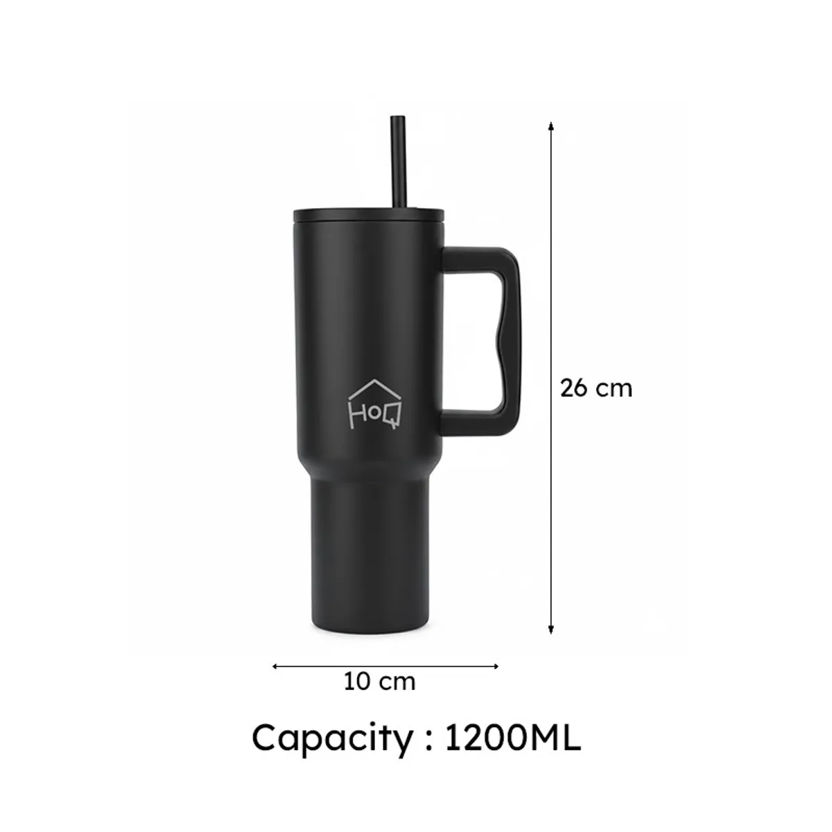 Black tumbler shown with a 26 cm height and 10 cm width measurement