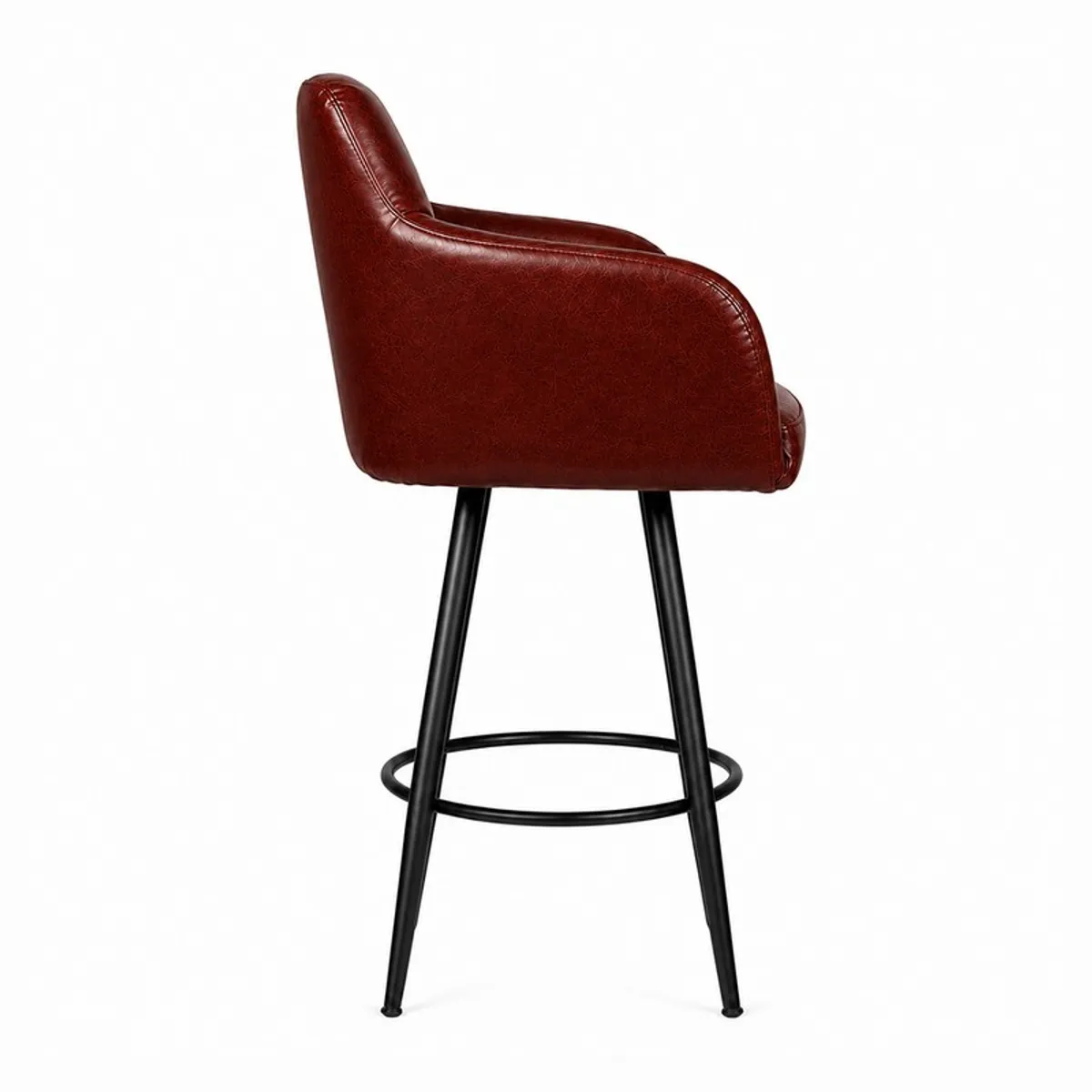 Side view of a brown upholstered bar chair with black metal legs