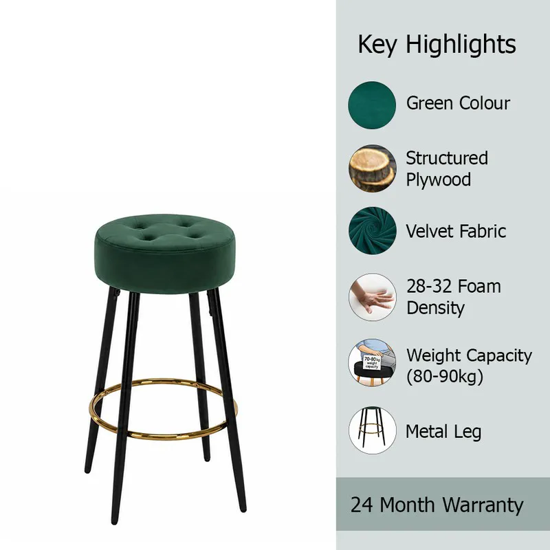 Green round bar stool shown beside a key highlights panel