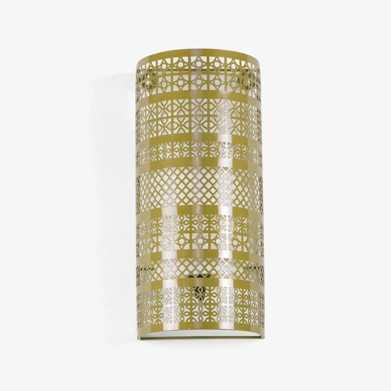 Front view of a gold cylindrical wall lamp with geometric jaali pattern