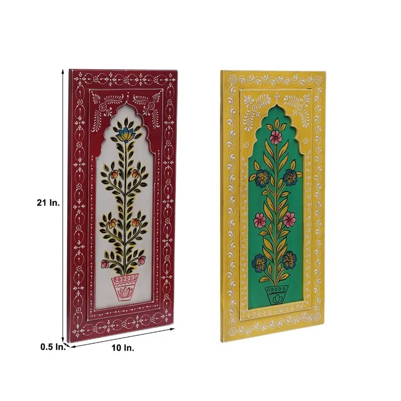 Two rectangular wall accents with floral motifs shown with size markings