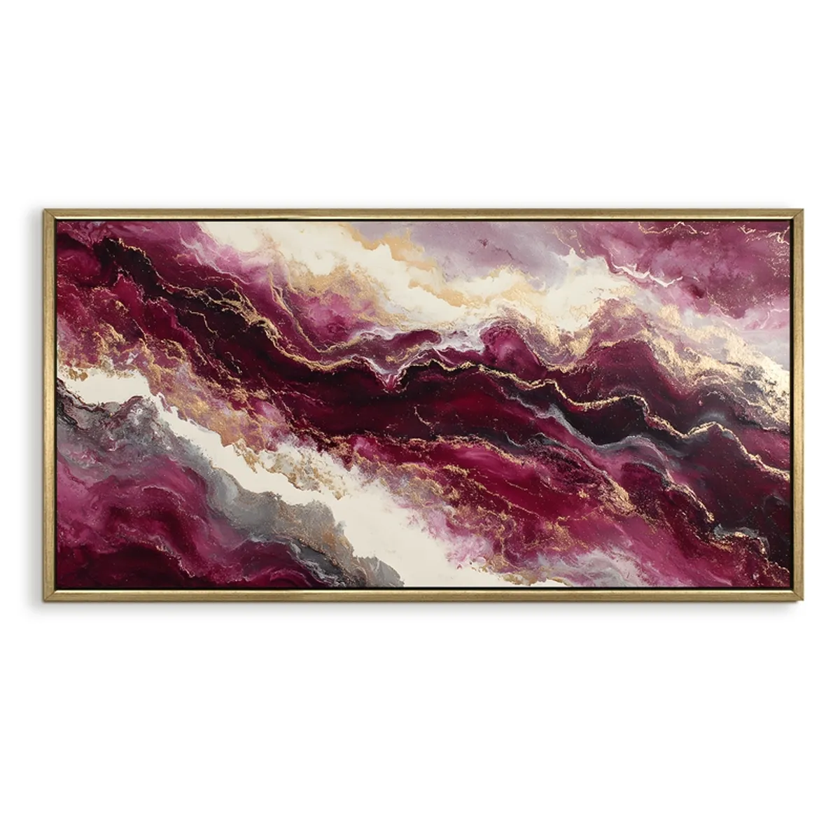 Rectangular framed abstract canvas painting in plum, white and gold