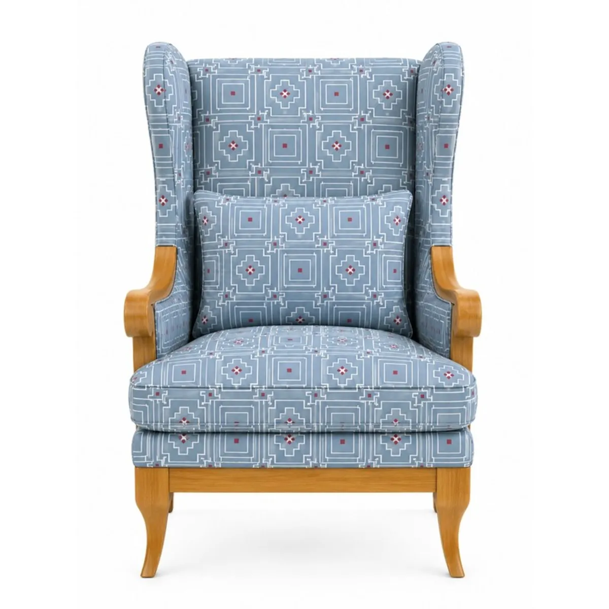 Front view of a blue geometric-patterned lounge chair with teak frame