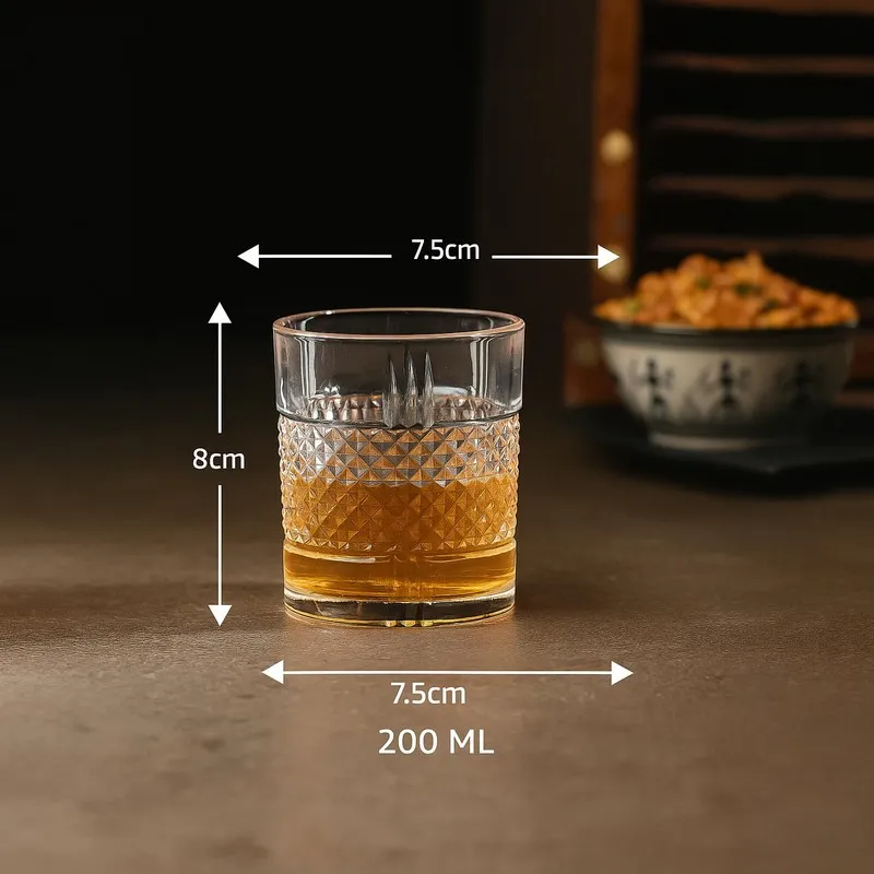Single clear whiskey glass with textured band shown with size markings