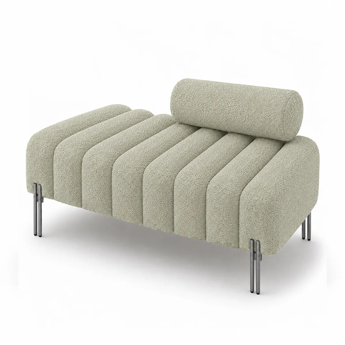 Angled view of a sage green bouclé bench showing its bolster backrest