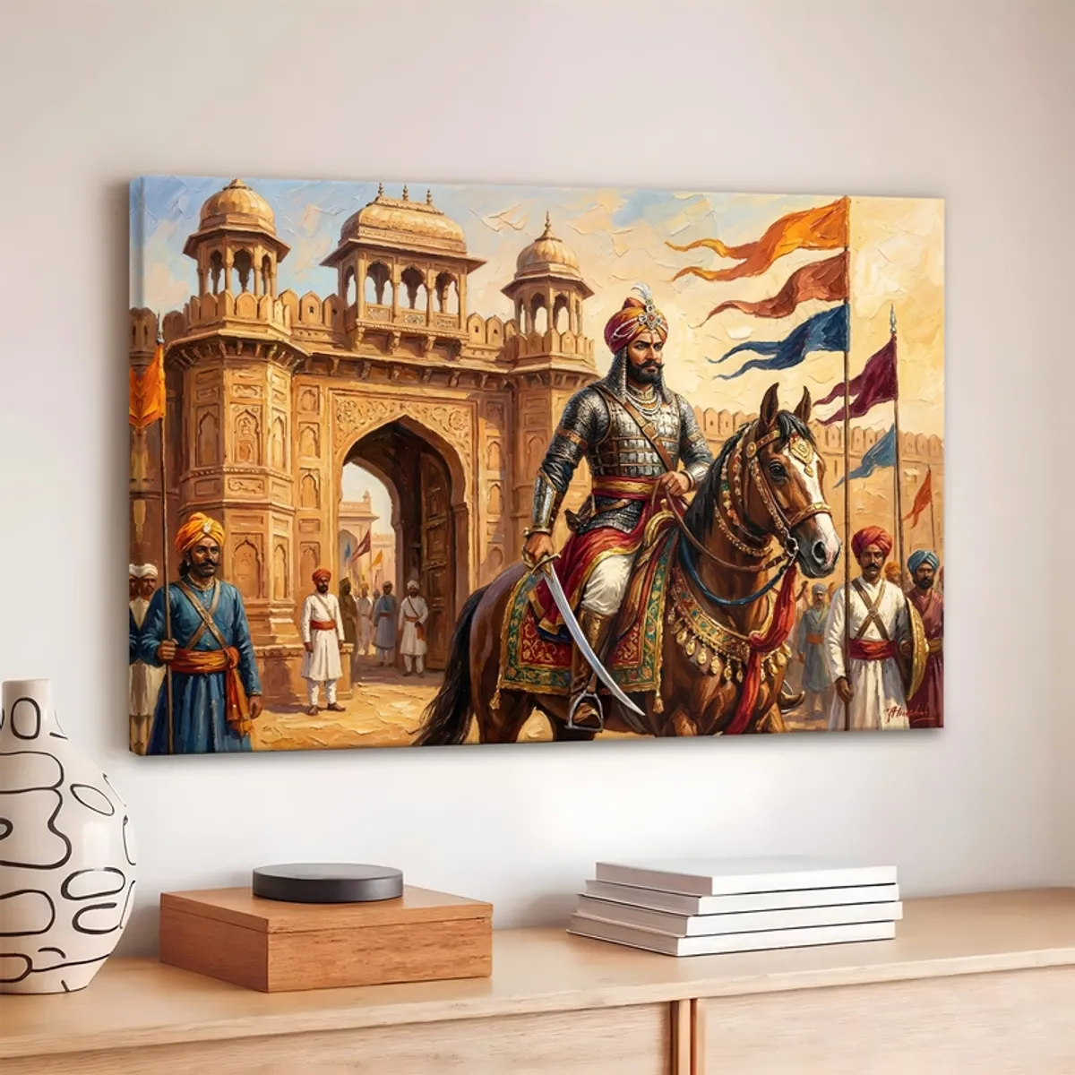 Rajput warrior on horseback before an ornate Rajasthani gateway with colourful flags