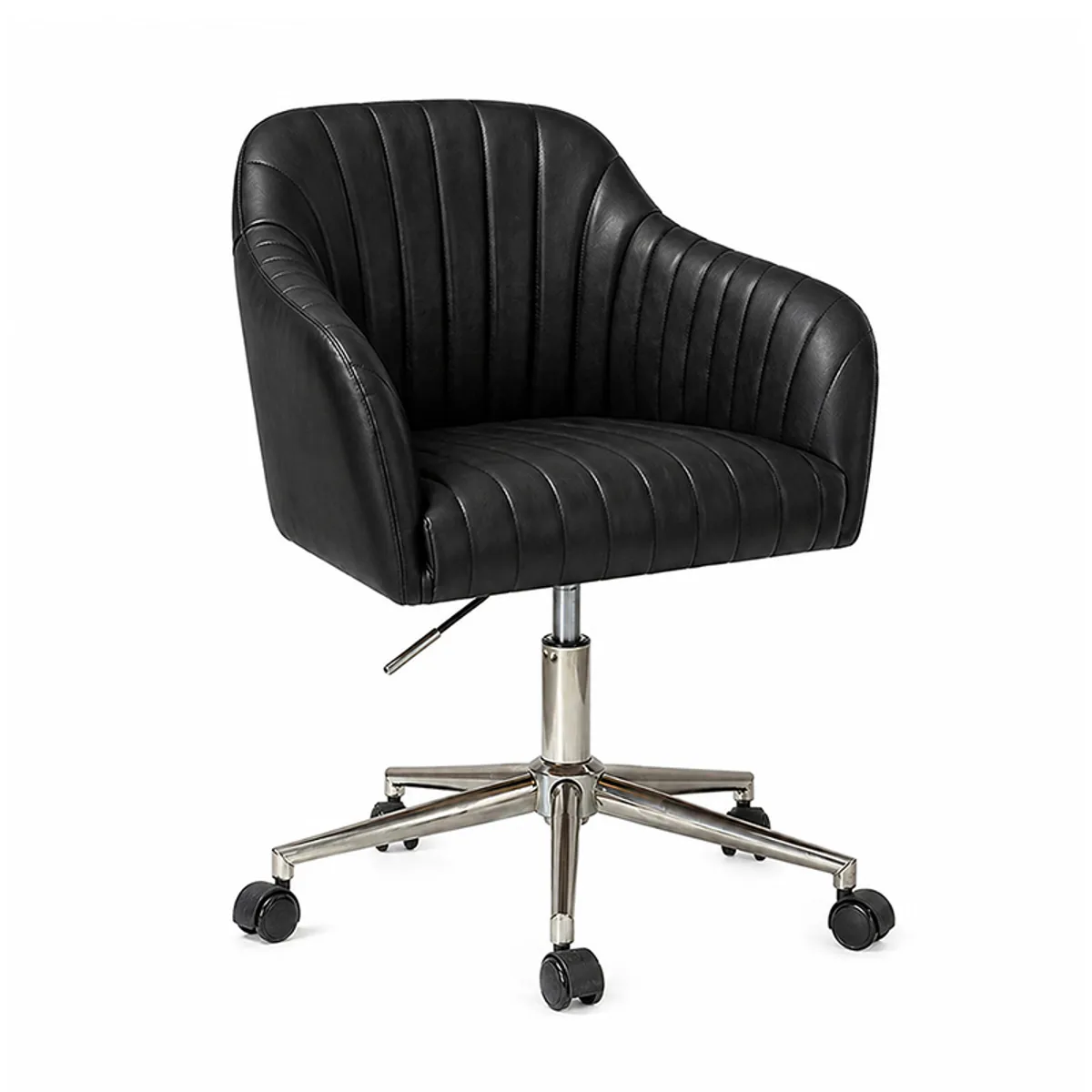 Front three-quarter view of a black padded office chair with a metal five-wheel base.