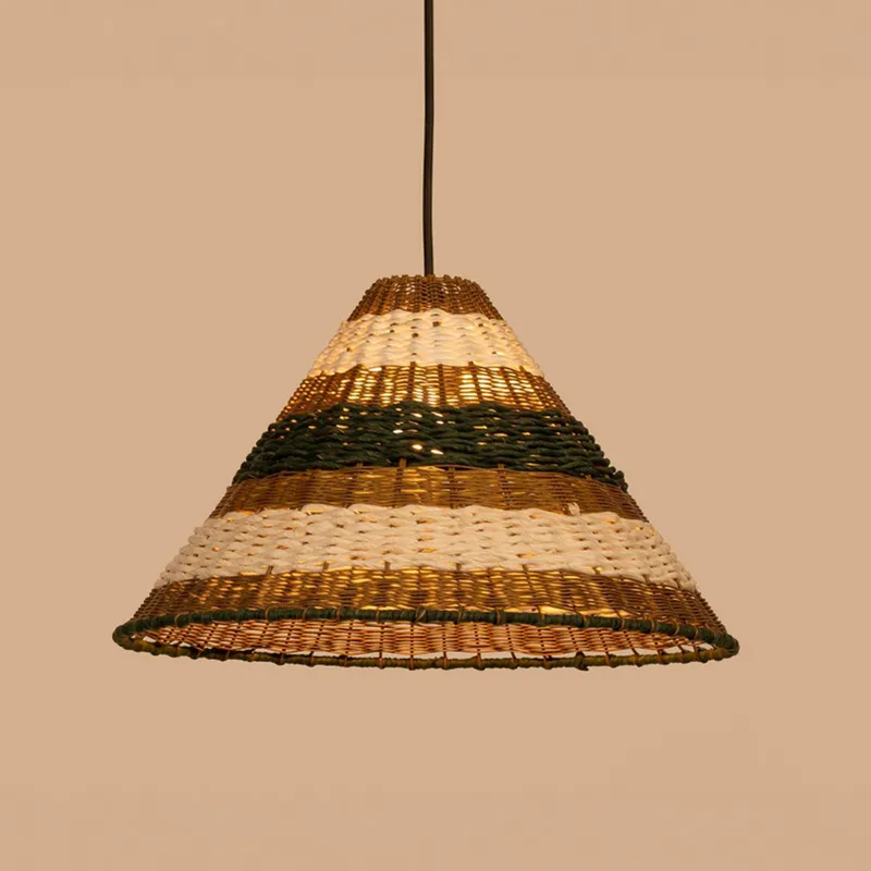 Lit conical hanging lamp with brown, white and green stripes
