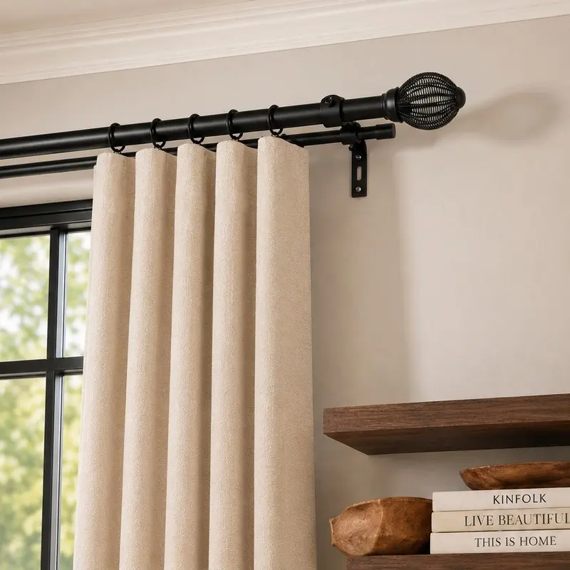 RodVista Extendable Double Curtain Rod with Weave Finial & Bracket - Black - XS