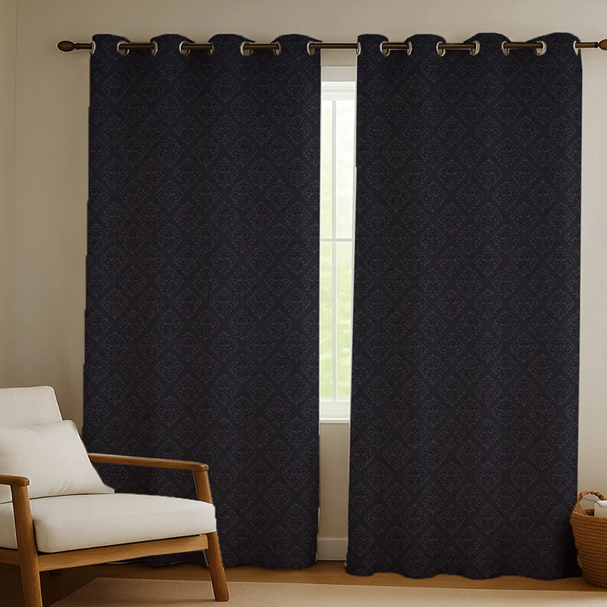 Two black self-design curtains hanging on a window rod