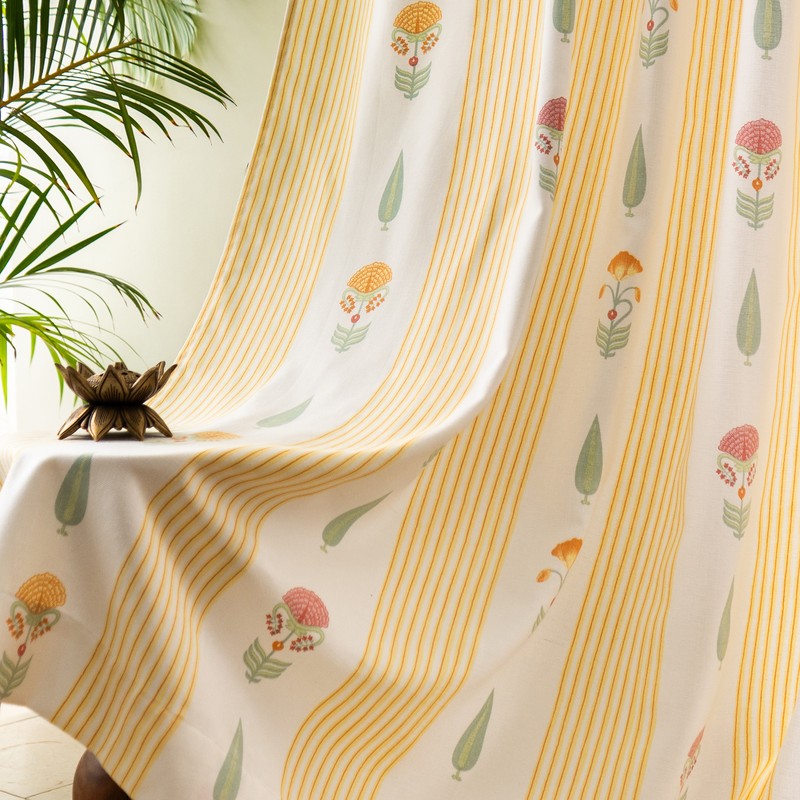 Harmony Fold Printed Cotton Curtains (Yellow) - Set of Two - Door - 7 Feet