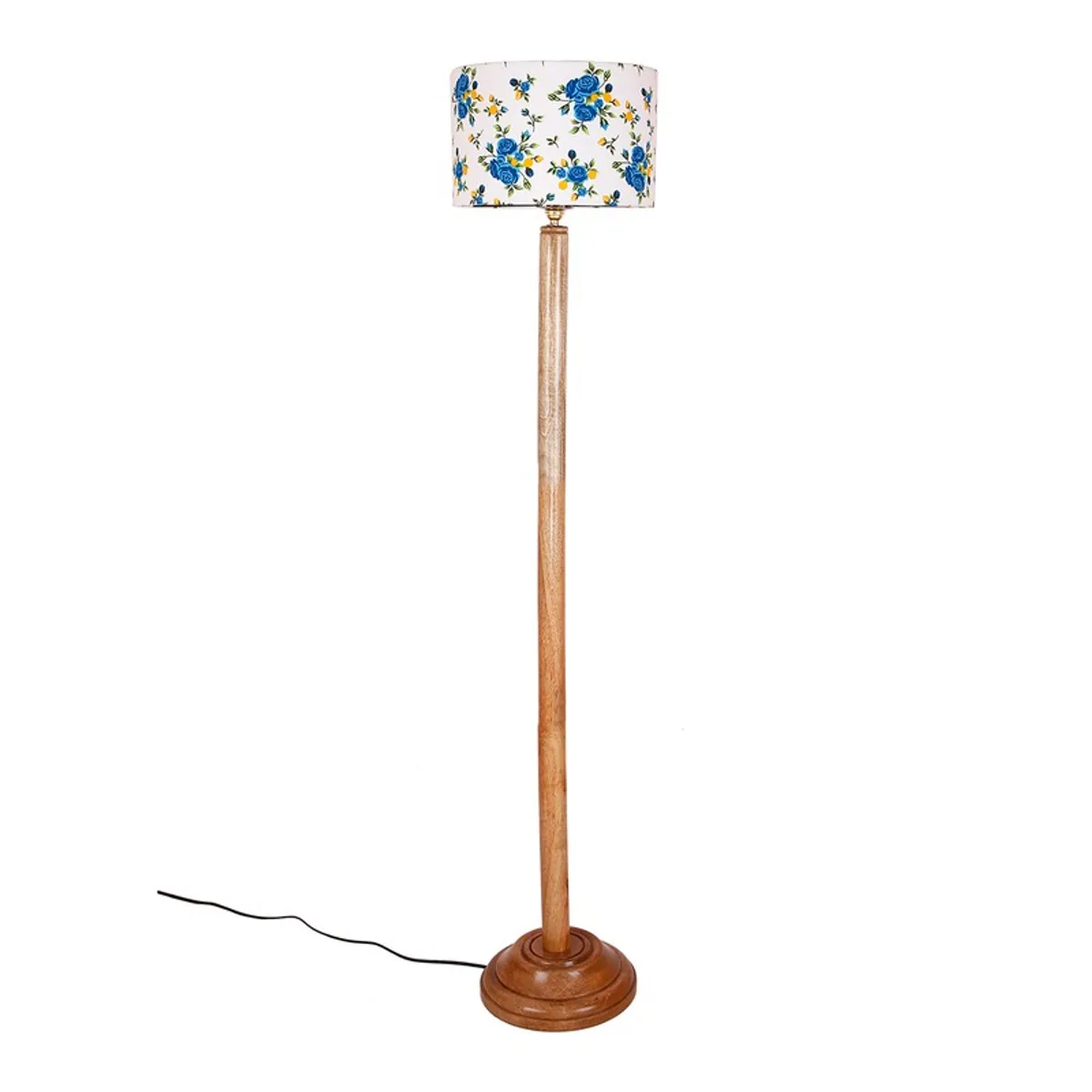 Wooden floor lamp with blue floral shade and visible cord on white background
