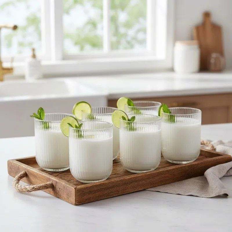 Six clear cylindrical glasses filled with a white drink on a wooden tray
