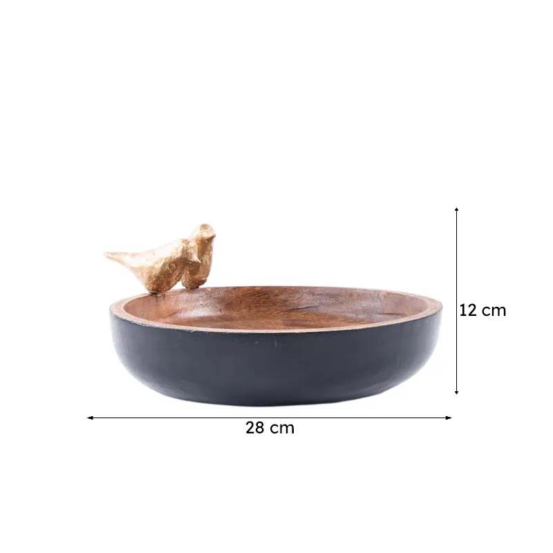 Wooden accent bowl shown with measurement arrows indicating its size