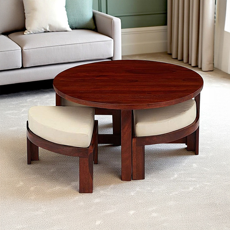 Gravex Sheesham Wooden Center Table with Stools and Cushions (Dark Brown) - Nine Piece Set