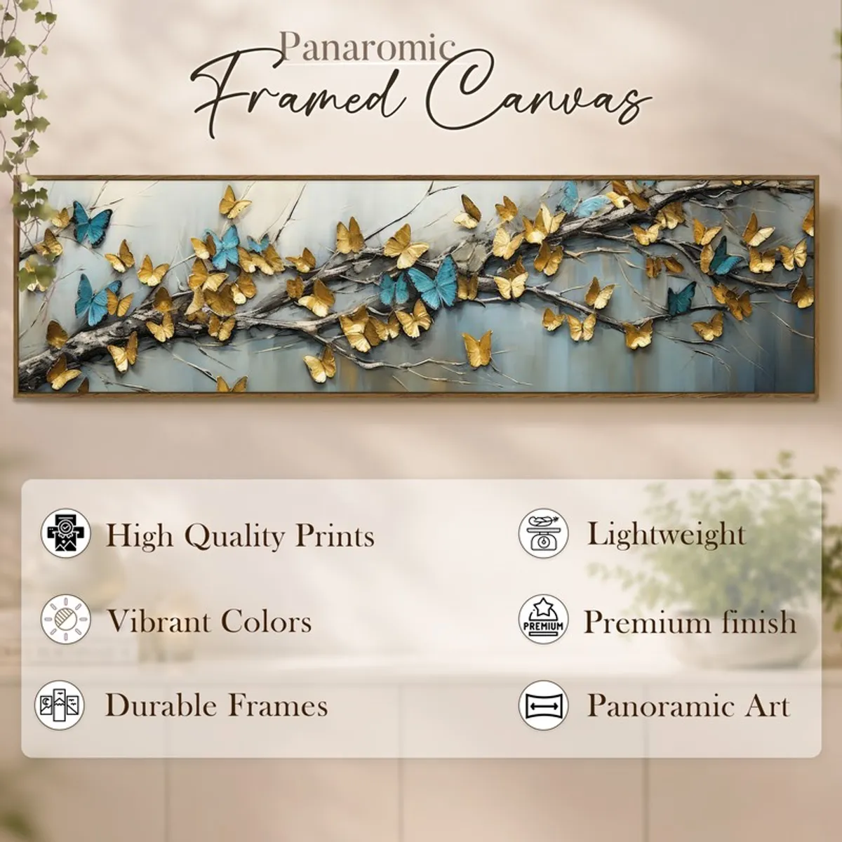 Framed panoramic canvas with butterfly motif against a soft neutral backdrop