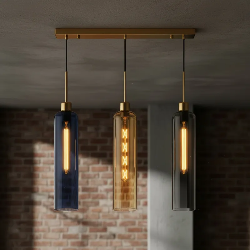 Modern trio pendant light with cylindrical glass shades and gold ceiling plate