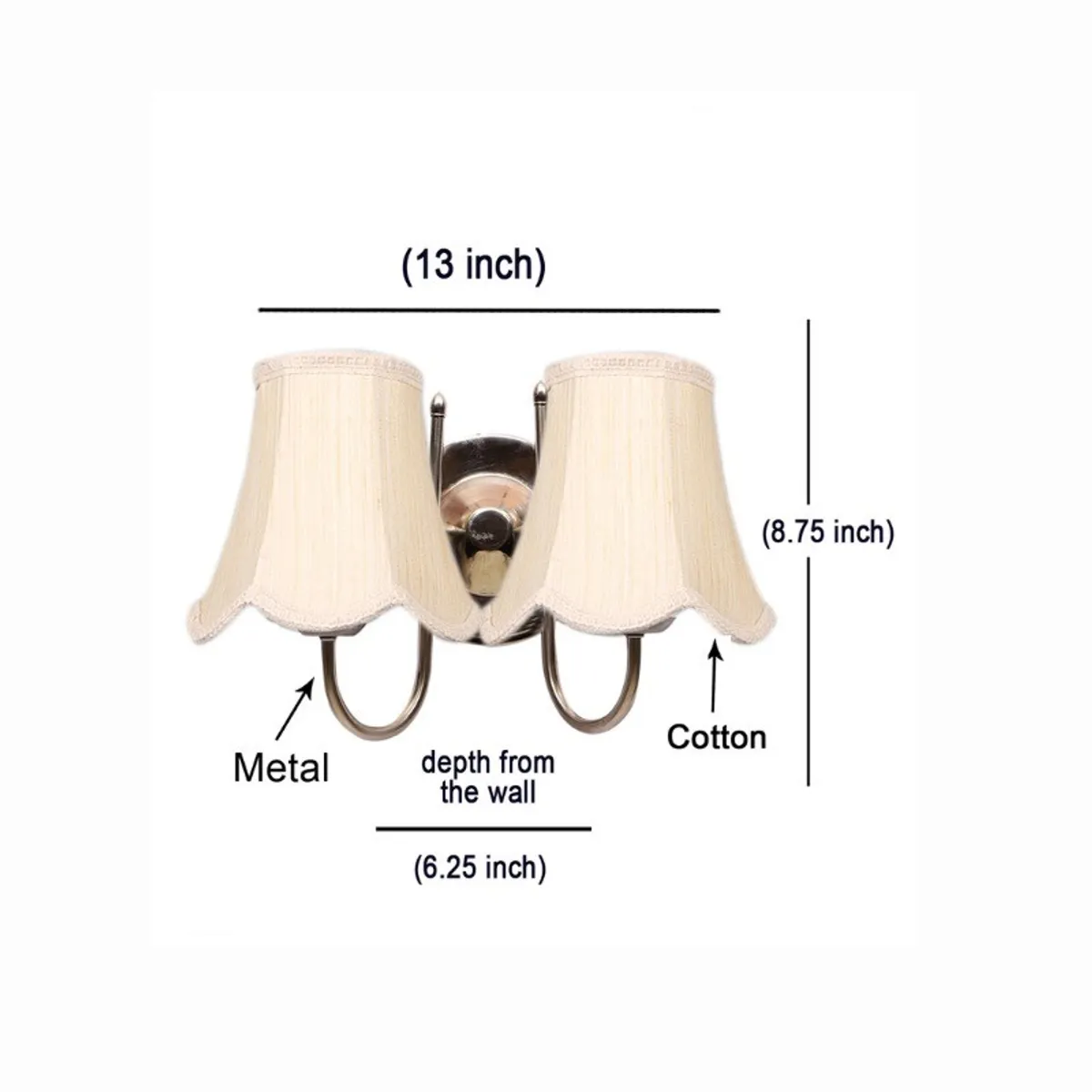 Wall lamp with dimension markings and labels for cotton and metal
