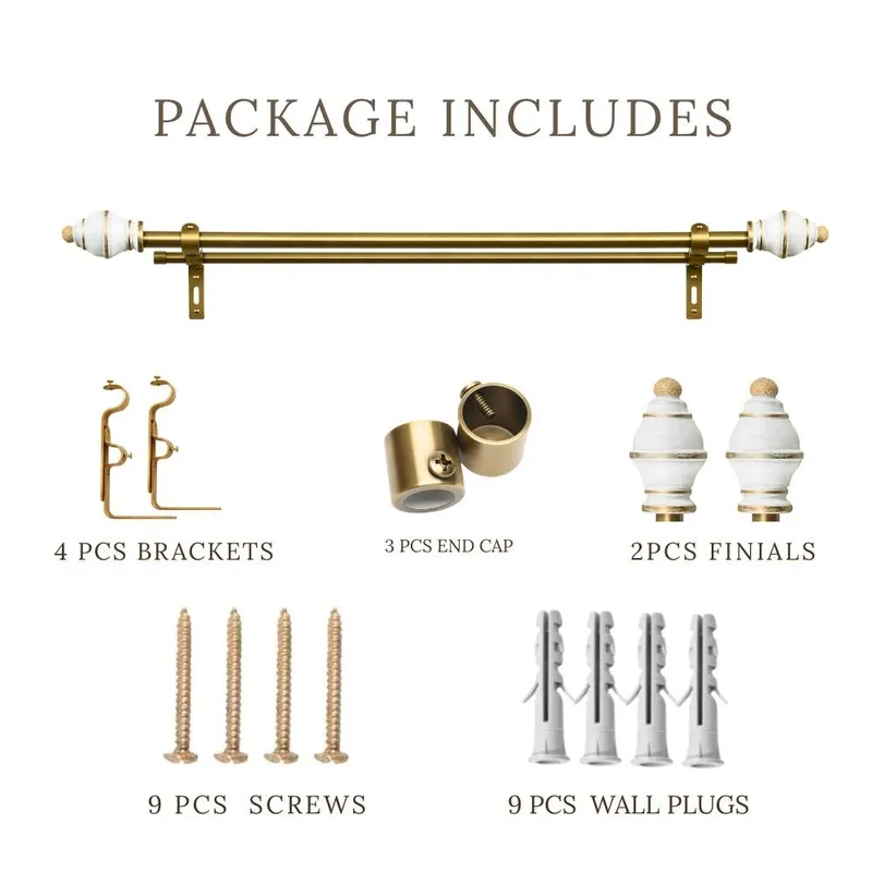 Full double curtain rod set with finials, brackets and mounting accessories